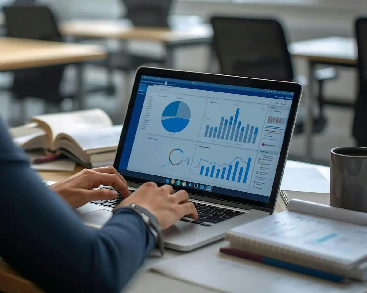 Mulher analisa gráficos e painéis financeiros em um notebook no escritório
